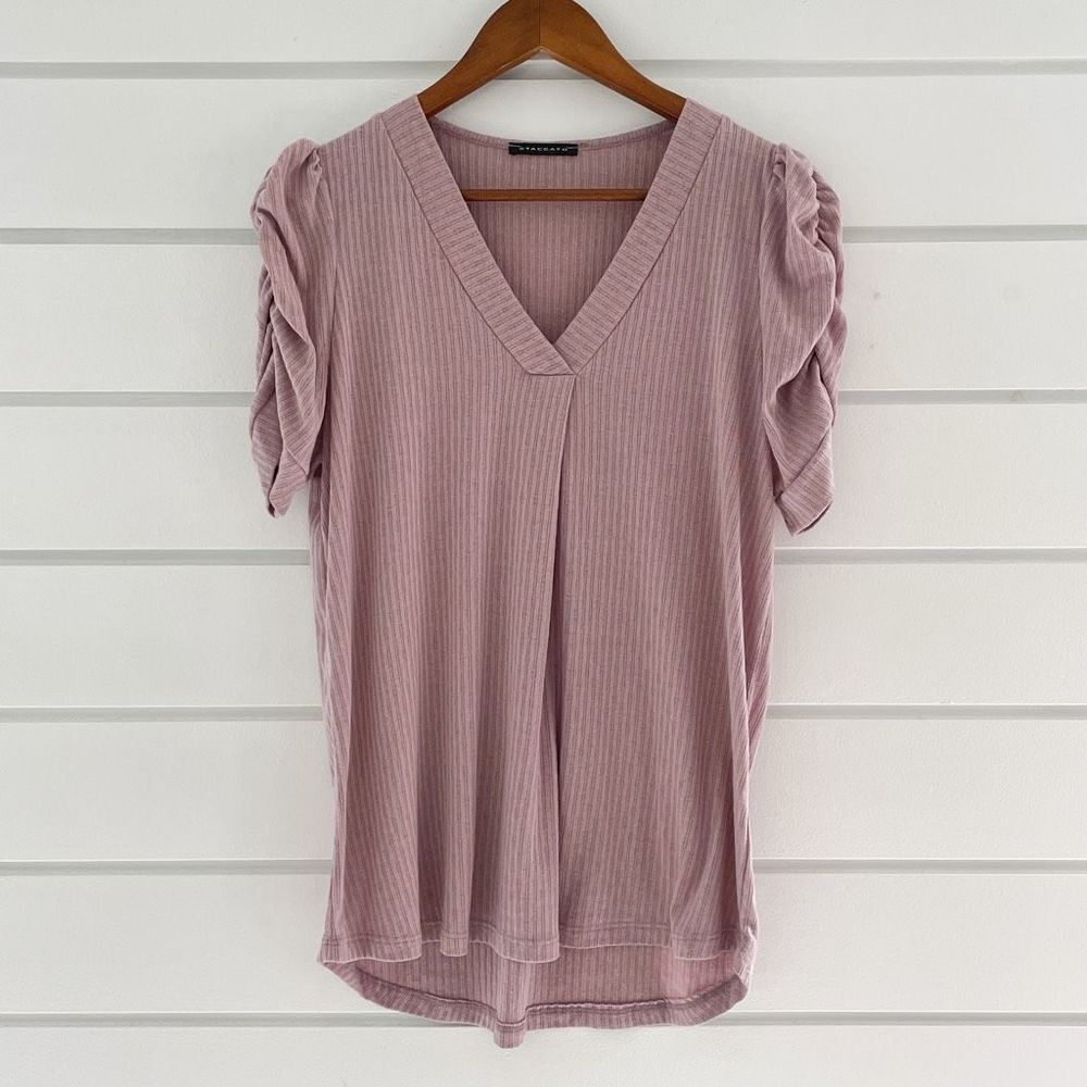 Staccato Women's Mocha Ruched Puffed Sleeve Stretch Ribbed Top Size Large